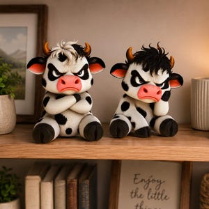May include: Two ceramic cow figurines with black and white spots, crossed arms, and angry expressions. The cows have black and white hair, orange horns, and pink noses. They sit on a wooden shelf with other decorative items.