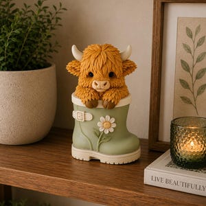 Könnte beinhalten: Eine dekorative Figur eines flauschigen, goldbraunen Hochlandkalbs mit kleinen Hörnern, das aus einem salbeigrünen Gummistiefel hervorschaut. Der Stiefel ist mit einer weißen Gänseblümchen-Applikation, einem Schnallenriemen und einer dicken Sohle versehen.