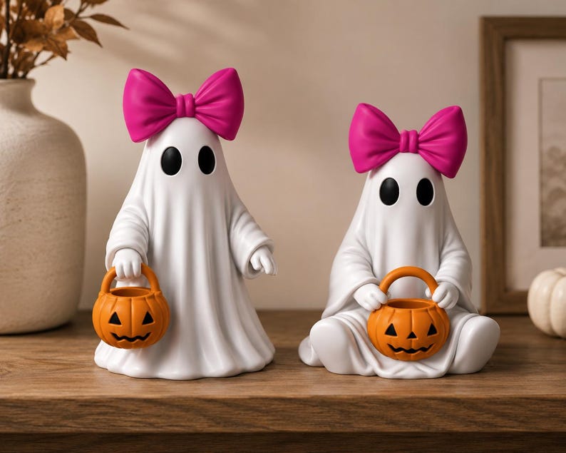 Cute spooky ghost STL files for Halloween displays featuring pumpkin buckets and charming bow accents.