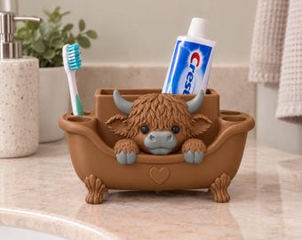 Organizador de bañera STL 3MF / Soporte para cepillo de dientes con diseño de vaca de las Tierras Altas, decoración de baño, descarga digital