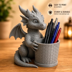 Uchwyt na długopis Dragon STL 3MF, organizer na biurko Fantasy, plik do druku cyfrowego 3D