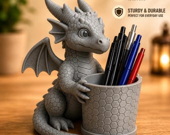 ドラゴンのペンホルダーSTLファイル、3Dプリント可能なデスクオーガナイザー、ファンタジー装飾（簡単プリント）