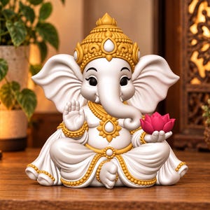 Puede incluir: Una figura de Ganesha blanca con corona y joyas doradas, sentada en posición de loto. La figura tiene orejas grandes, una trompa y sostiene una flor de loto rosa brillante en una mano mientras la otra mano está levantada en un gesto.