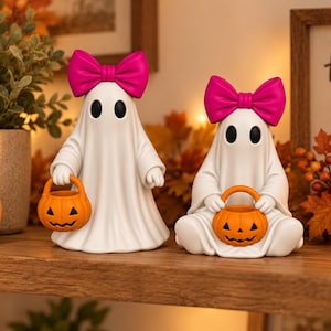 Standing and sitting ghost characters holding pumpkin baskets, designed as whimsical Halloween shelf decorations and 3D print models.