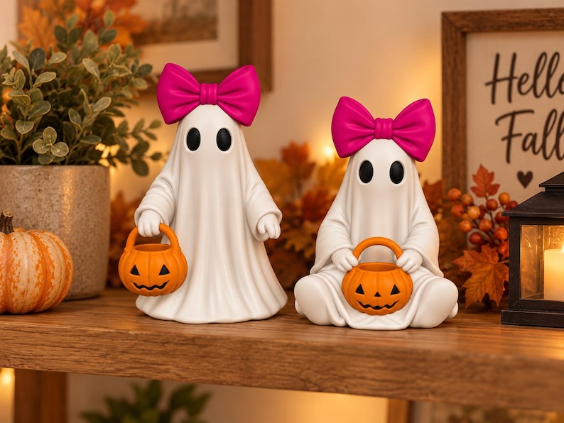 Standing and sitting ghost characters holding pumpkin baskets, designed as whimsical Halloween shelf decorations and 3D print models.