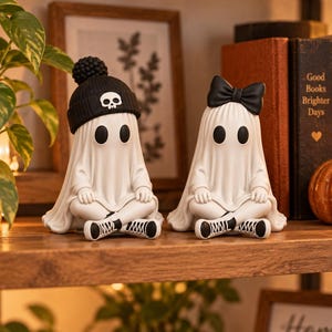 Spookpaar STL 3MF-bestand, Halloween-decoratie 3D, griezelig zittend met strikmuts, digitale download