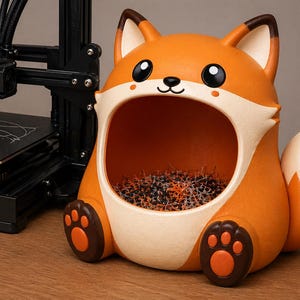 May include: A whimsical orange fox-shaped storage container with a large open mouth. The container has a cream-colored belly and paws, with dark brown accents on the ears and paws. The container is filled with small, dark-colored objects.