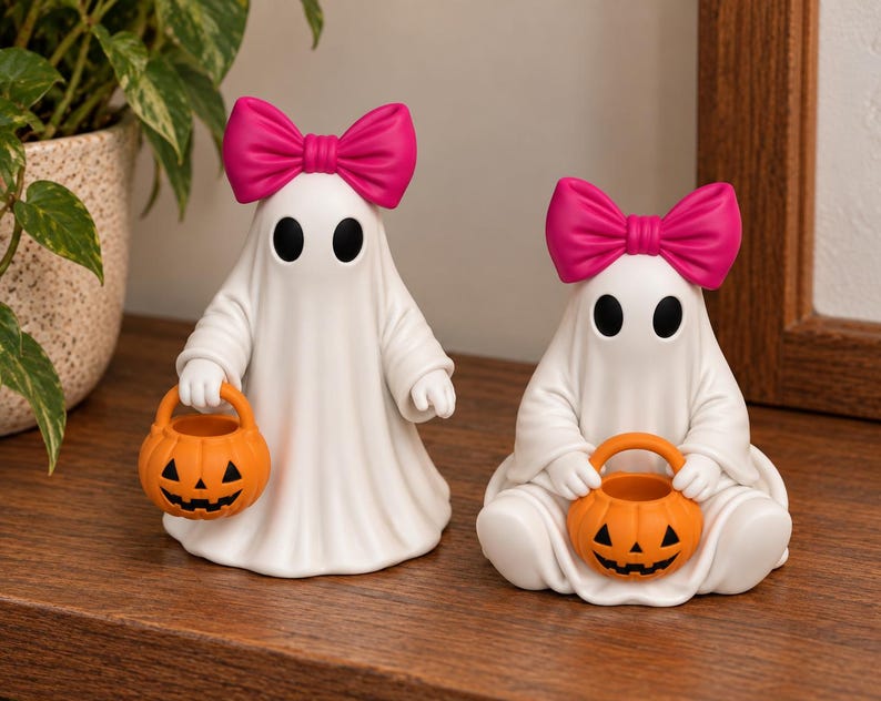 Halloween ghost figurine pair with bright pink bows and orange pumpkin trick or treat buckets, featuring one standing ghost and one seated ghost on a wooden shelf.