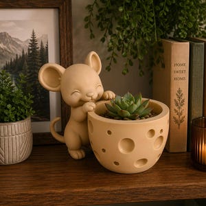 May include: A light beige resin planter shaped like a smiling mouse leaning against a round, cheese-inspired pot with circular indentations. The planter holds a small green succulent plant, creating a decorative piece for a shelf or tabletop.