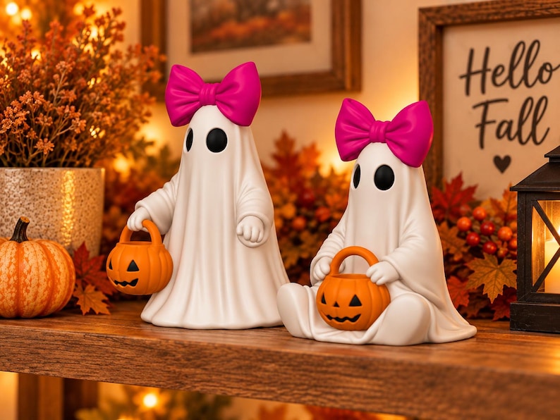 Halloween ghost STL style figurines with pink bows and orange jack o lantern buckets, featuring two different poses for spooky fall decorating.