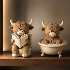 May include: Two Highland cow ornaments. One cow is on a toilet reading a book, the other is in a bathtub. Both have shaggy brown fur and cream horns. They are displayed on a wooden shelf.