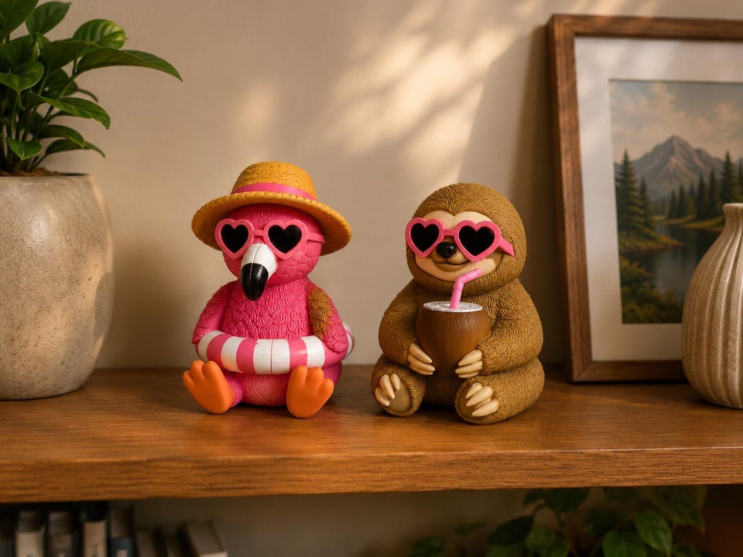 Flamingo Sloth Shelf Sitter STL & 3MF Bundle | Tropical Beach Animal Decor (3D Print Files