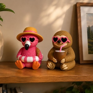 May include: Two whimsical figurines: a pink flamingo wearing a straw hat, heart-shaped sunglasses, and a striped floatie, and a brown sloth with heart-shaped sunglasses, holding a coconut drink. Both are sitting on a wooden shelf.