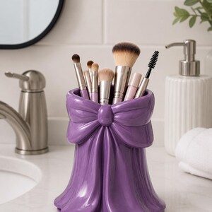Pink Bow Makeup Brush Holder, 3D Print File, Vanity Storage Cup (STL)