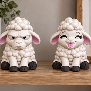 May include: Two white sheep figurines with textured wool, pink inner ears, and black hooves. The left sheep has a grumpy facial expression with furrowed brows, while the right sheep has a happy expression with closed eyes and a pink tongue sticking out.
