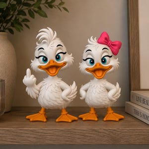 Pode incluir: Duas figuras de patos brancos com bicos e pés cor de laranja. O pato da esquerda tem um tufo de penas na cabeça e faz um gesto com a asa. O pato da direita tem um laço cor-de-rosa vivo. Ambos têm olhos azuis grandes e bicos abertos.