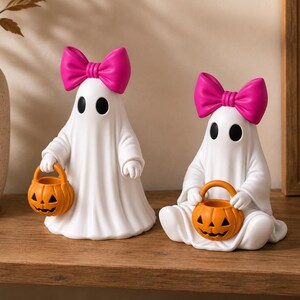 Ghost girl 3D printable décor set including standing and sitting Halloween figurines with oversized bows.