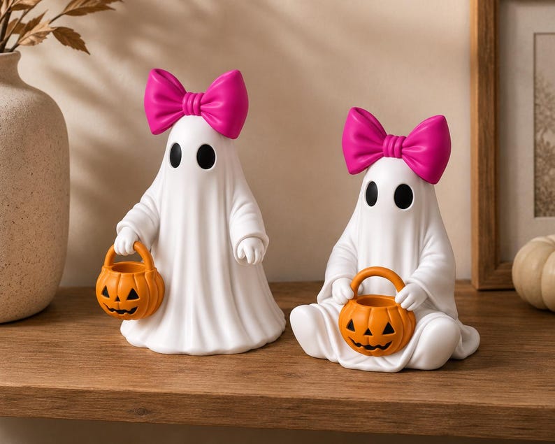 Ghost girl 3D printable décor set including standing and sitting Halloween figurines with oversized bows.