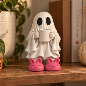 May include: A white ghost figurine draped in a sheet, holding a small white mug with both hands. The ghost is wearing bright pink slippers shaped like smiling bunny faces with small ears. The figure has large, oval, black eye sockets.