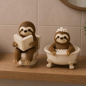 Op de afbeelding: Twee bruine luiaardbeeldjes. Eén zit op een toilet een boek te lezen, de ander ontspant in een badkuip vol bellen. Beide hebben lachende gezichten en staan op een houten plank.