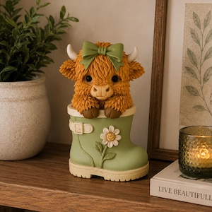 May include: A figurine of a fluffy orange Highland cow with a green bow between its horns, sitting inside a light green rain boot. The boot features a white buckle strap detail and a raised white daisy flower with a yellow center on the side.