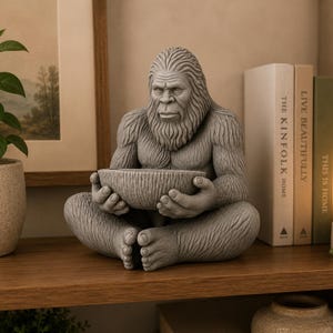 May include: A grey, textured sculpture of a seated Bigfoot figure with a detailed fur pattern, holding a small, round bowl in its hands. The creature has a prominent brow, a thick beard, and is depicted in a cross-legged sitting position.