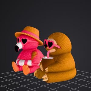 May include: Two plush toys: a pink flamingo and a brown sloth, both wearing heart-shaped sunglasses. The flamingo wears a straw hat and a life preserver. The sloth is drinking from a brown cup with a pink straw. The background is dark.