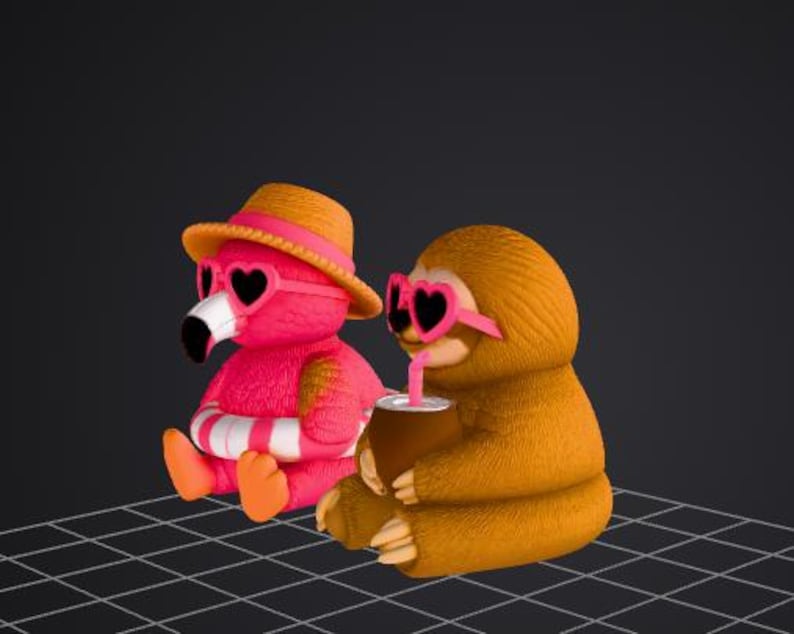 May include: Two plush toys: a pink flamingo and a brown sloth, both wearing heart-shaped sunglasses. The flamingo wears a straw hat and a life preserver. The sloth is drinking from a brown cup with a pink straw. The background is dark.