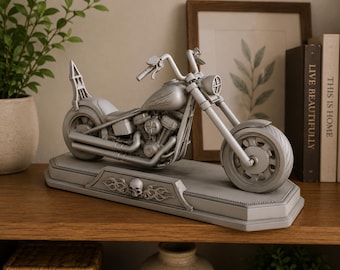 チョッパーバイクの3Dプリントファイル、サポート材不要で簡単に作れるバイカーデスクデコレーション（STLダウンロード）