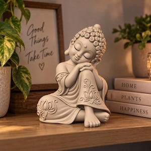 May include: A light beige figurine of a sleeping Buddha with closed eyes, resting its head on its hands. The figure features detailed hair curls and robes adorned with embossed lotus flower patterns, sitting in a calm, seated posture on a surface.