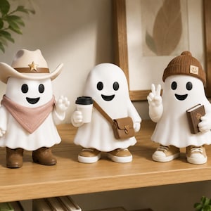 May include: Three white ghost figurines with black eyes and smiles. One wears a cowboy hat, bandana, and boots. Another holds a coffee cup and has a messenger bag. The third wears a beanie and holds a book, making a peace sign. They are on a wooden shelf.