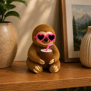 May include: A brown sloth figurine wearing pink heart-shaped sunglasses, holding a coconut drink with a pink straw. The figurine is sitting on a wooden shelf. Decorative item.