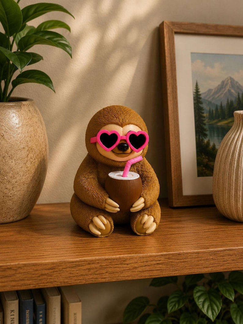 May include: A brown sloth figurine wearing pink heart-shaped sunglasses, holding a coconut drink with a pink straw. The figurine is sitting on a wooden shelf. Decorative item.