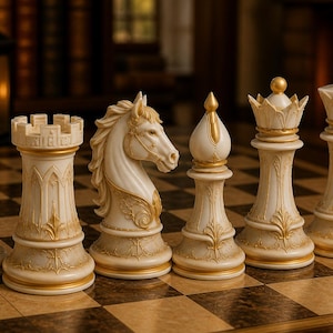 Puede incluir: Un juego de ajedrez con piezas de color marfil y detalles dorados. Las piezas, que incluyen un peón, una torre, un caballo, un alfil, una reina y un rey, están dispuestas sobre un tablero de ajedrez marrón y beige.