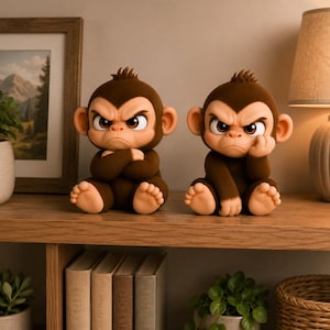 May include: Two brown monkey figurines with angry expressions sit on a wooden shelf. One has arms crossed, the other rests a hand on its chin. The figurines have large eyes and ears, and are surrounded by decor.