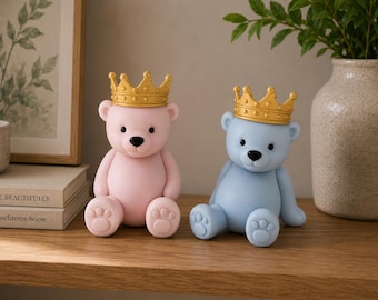 Crown Bear Shelf Sitters STL & 3MF Bundle | Pink Blue Teddy Bear 3D Print Files