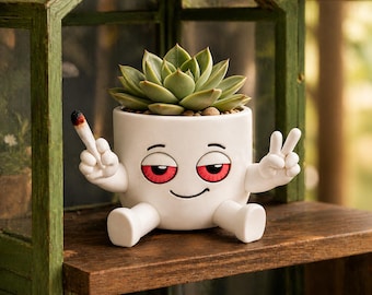 ストーナー風多肉植物プランター｜アーム付き3Dプリント鉢、ピースサインホルダー