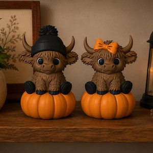 May include: Two brown highland cow figurines sitting on orange pumpkins. The left cow wears a black beanie with a pom-pom, and the right cow wears an orange bow. Both have large black eyes, textured fur, and black hooves, creating a pair of decorative items.