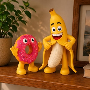 Könnte beinhalten: Eine gelbe Bananenfigur mit lächelndem Gesicht und Armen, die ihre eigene Schale öffnet, um einen hellen Fruchtkern zu enthüllen, neben einer rosa glasierten Donut-Figur mit Streuseln, großen Augen sowie gelben Armen und Beinen.