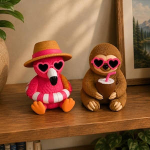 May include: Two whimsical figurines: a pink flamingo wearing a straw hat, heart-shaped sunglasses, and a life preserver, and a brown sloth with heart-shaped sunglasses, holding a coconut drink. Both are on a wooden shelf.