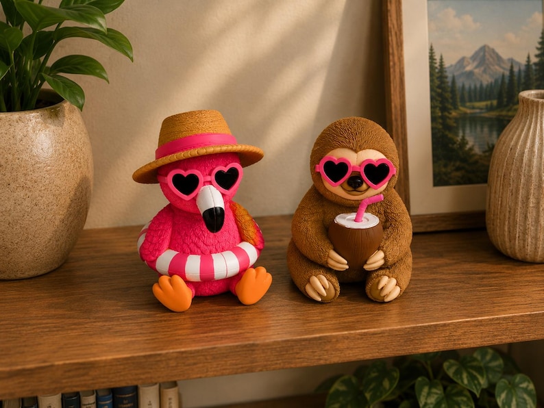 May include: Two whimsical figurines: a pink flamingo wearing a straw hat, heart-shaped sunglasses, and a life preserver, and a brown sloth with heart-shaped sunglasses, holding a coconut drink. Both are on a wooden shelf.
