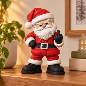 May include: A Santa Claus figurine wearing a red suit with white trim, a black belt with a white buckle, and black boots. The figure has a white beard, a red hat, and is making a middle finger gesture with one hand while looking angry.