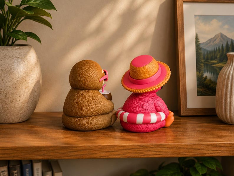 May include: Two sloth figurines on a wooden shelf. One is brown, holding a drink with pink flamingo sunglasses. The other is pink, wearing a hat and a white and pink striped floatie. A framed landscape painting is in the background.