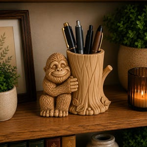 Puede incluir: Un organizador de escritorio de color marrón claro con forma de tronco de árbol y una criatura peluda sonriente abrazada al lateral. El tronco contiene cuatro bolígrafos de varios colores, incluidos negro, plata y madera, con hojas esculpidas.
