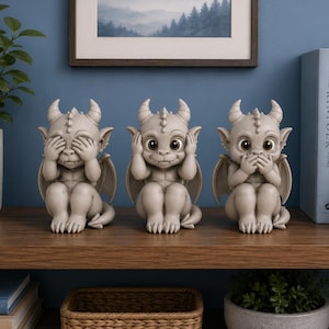 Puede incluir: Un conjunto de tres figuras de gárgolas de color gris claro con alas y cuernos. La primera figura se cubre los ojos con las manos, la segunda se cubre las orejas y la tercera se cubre la boca, representando el concepto de no ver, no oír y no decir el mal.