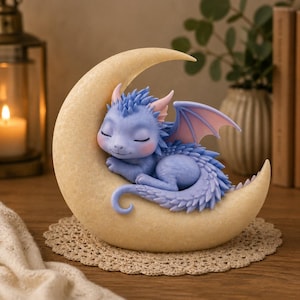 Sleeping Baby Dragon STL 3MF File Figurine | Moon Crescent Fantasy 3D Print Decor Digital