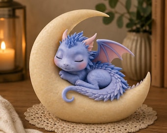 眠る赤ちゃんドラゴンの置物 | 月と三日月をモチーフにしたファンタジー3Dプリント装飾
