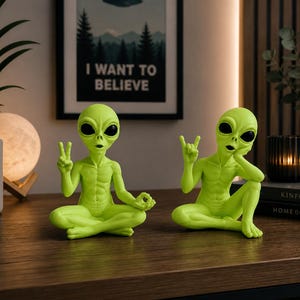May include: Two lime green alien figurines. One is in a seated yoga pose with a peace sign, the other is in a seated pose with a hand gesture. The figurines have large black eyes and are on a wooden surface. A framed print that says "I WANT TO BELIEVE" is in the background.