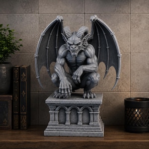 Puede incluir: Una estatua de gárgola de color piedra gris que presenta una criatura musculosa con cuernos y grandes alas extendidas. La figura está agachada sobre una base de pedestal rectangular decorada con una serie de arcos arquitectónicos tallados.