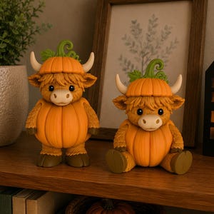 May include: Two Highland cow figurines, one standing and one sitting, each wearing a pumpkin-shaped hat and body suit. The figures feature textured brown fur, cream-coloured horns, and bright orange pumpkin segments with green stems on their heads.